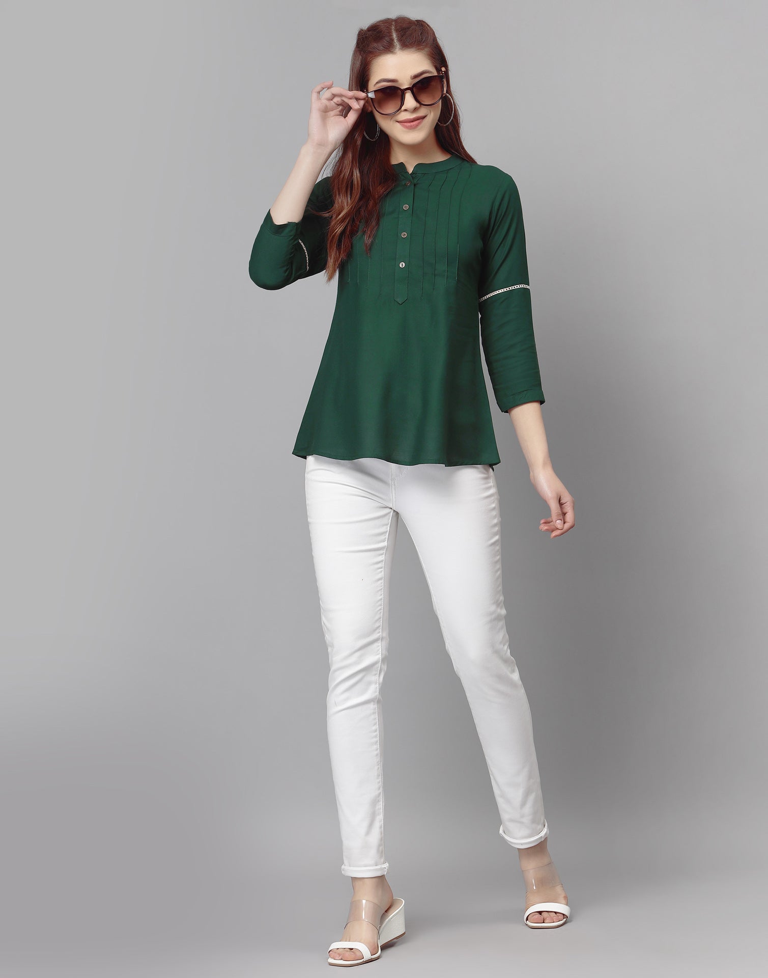 Bottle Green Pleated Tops | Sudathi