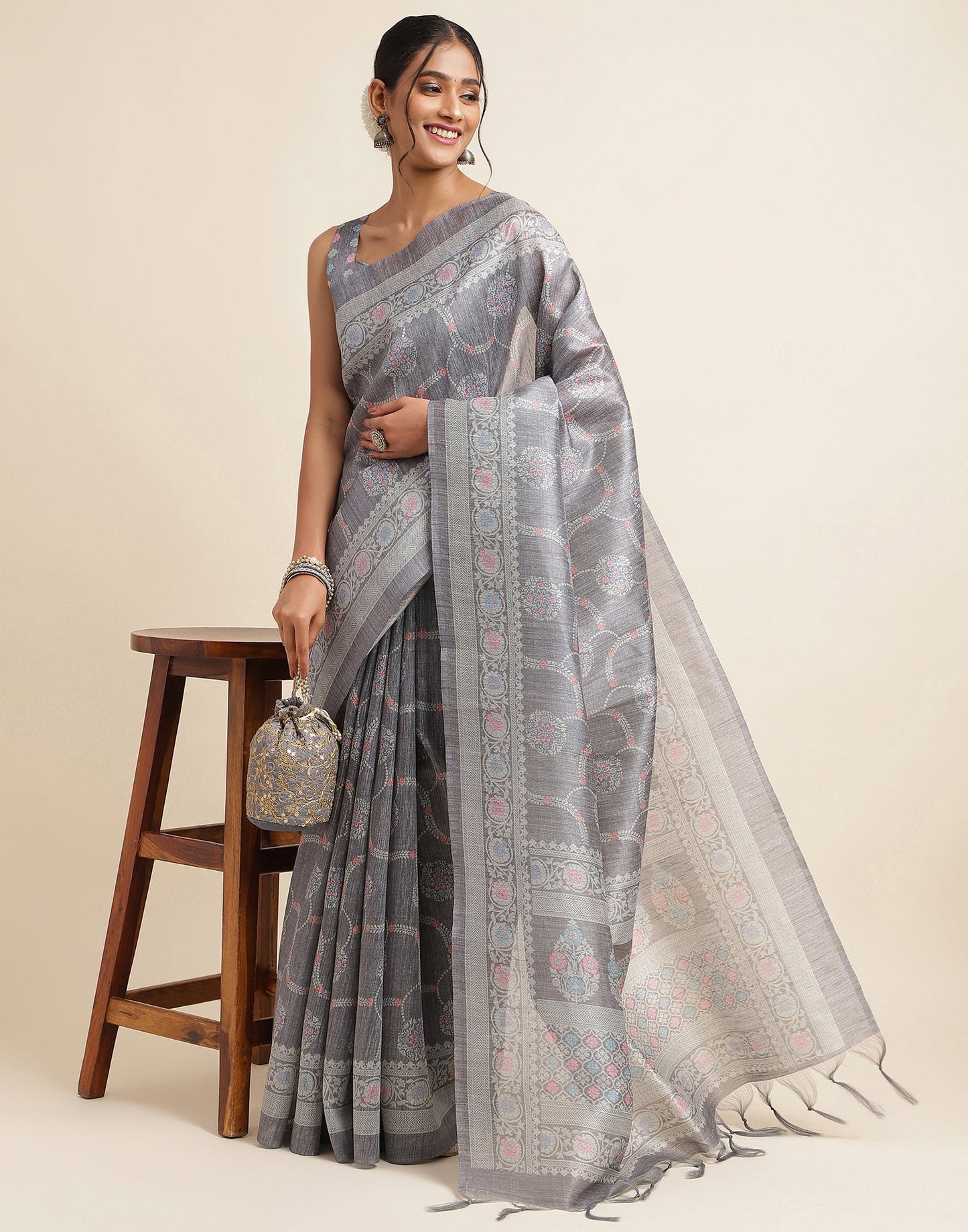 Grey Silk Digital Printed Saree