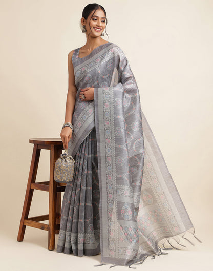 Grey Silk Digital Printed Saree