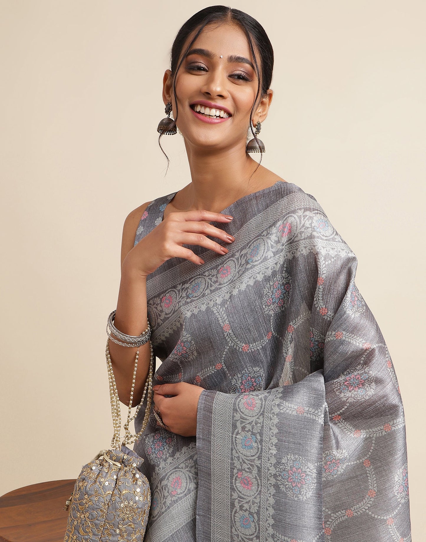 Grey Silk Digital Printed Saree