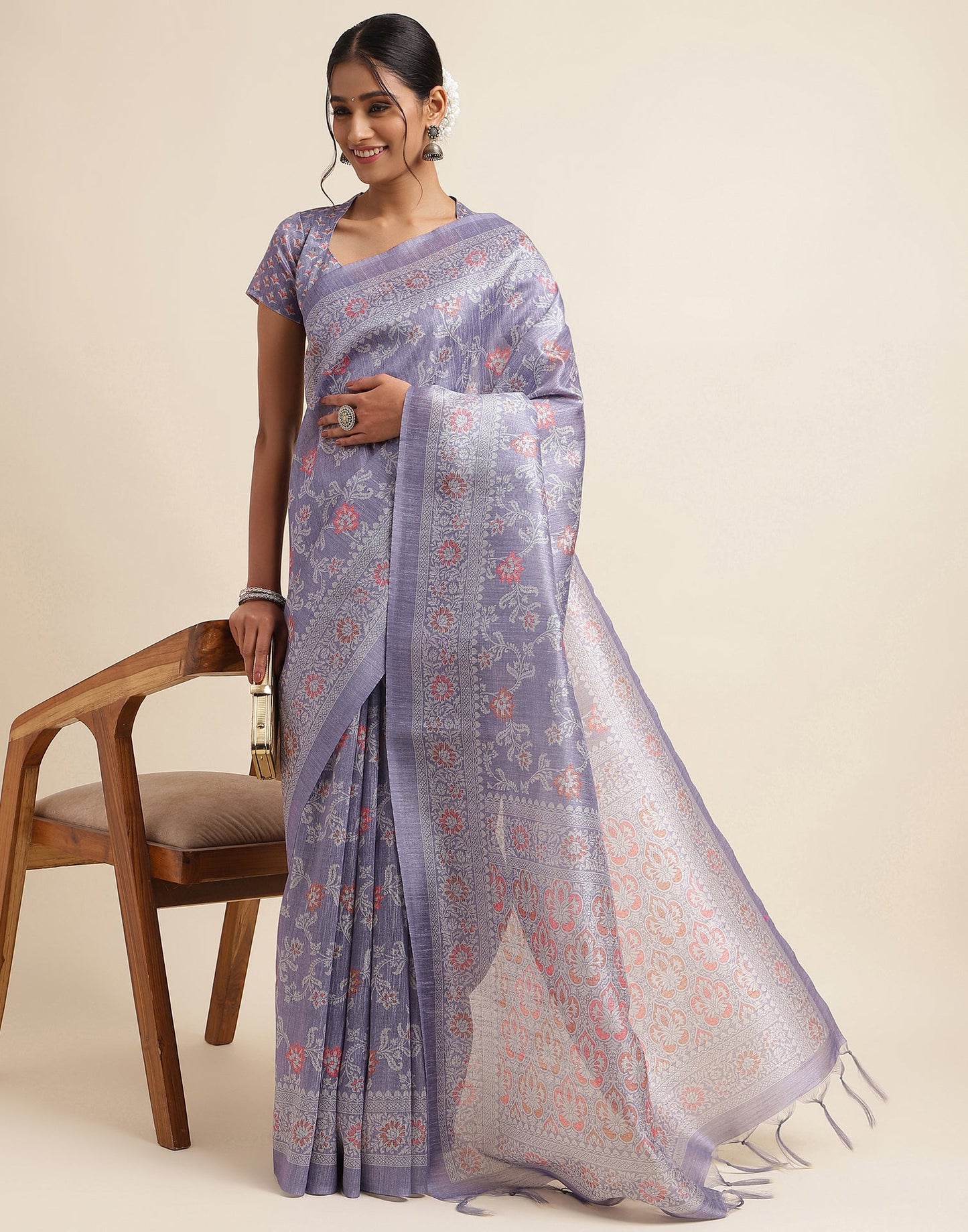 Purple Silk Digital Printed Saree