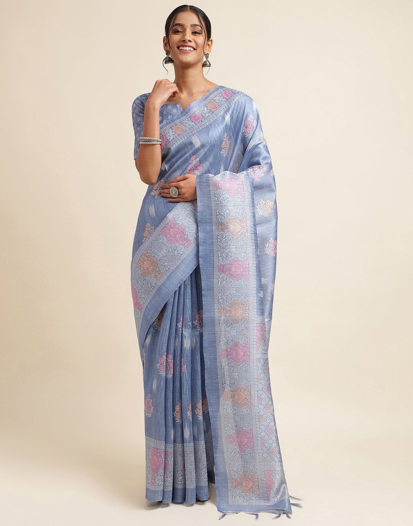 Light Blue Silk Digital Printed Saree