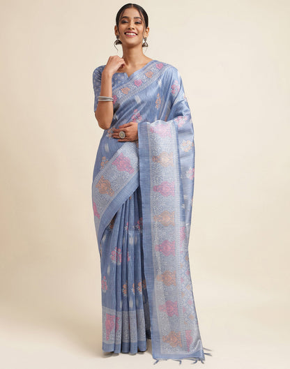 Light Blue Silk Digital Printed Saree
