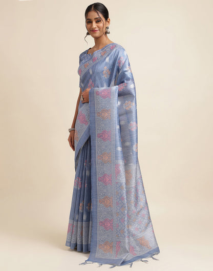 Light Blue Silk Digital Printed Saree