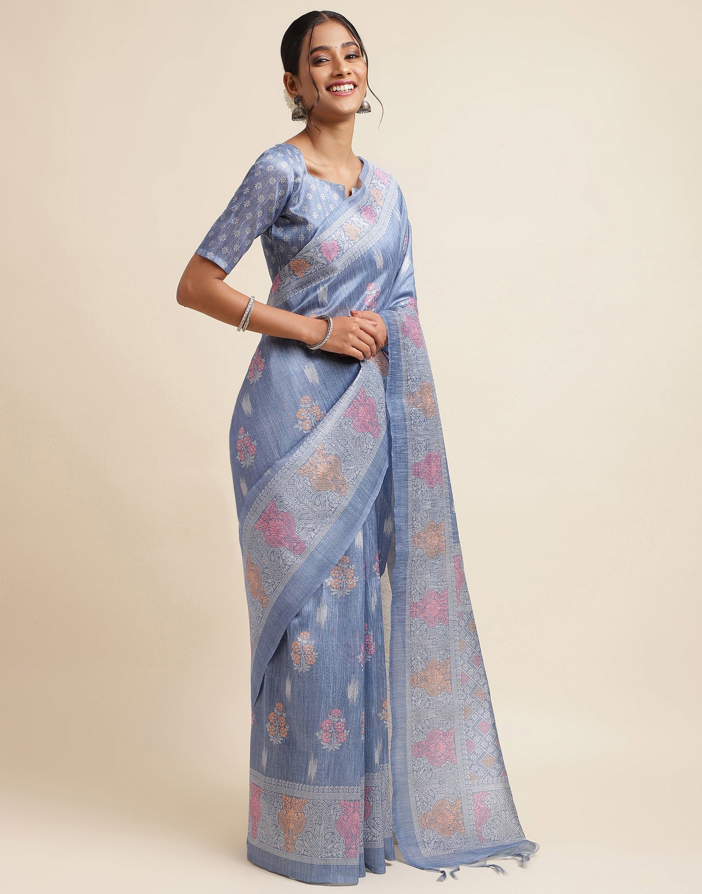 Light Blue Silk Digital Printed Saree