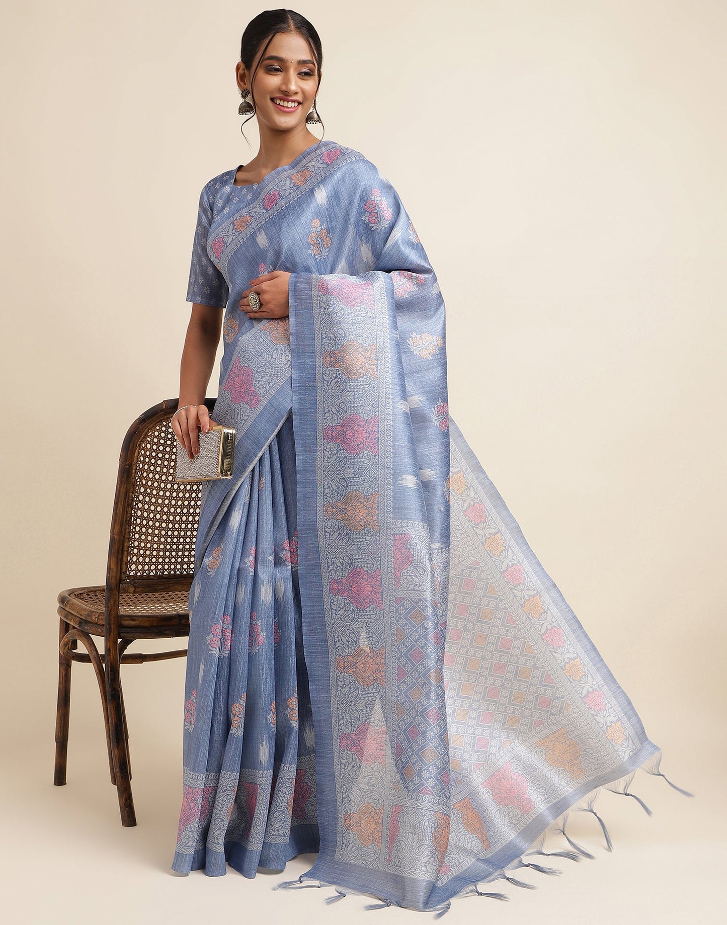 Light Blue Silk Digital Printed Saree