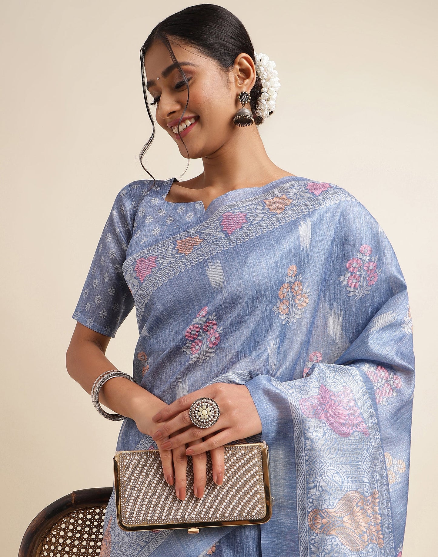 Light Blue Silk Digital Printed Saree