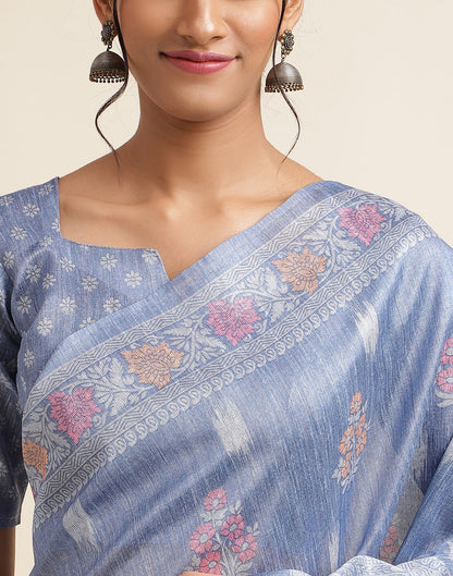 Light Blue Silk Digital Printed Saree