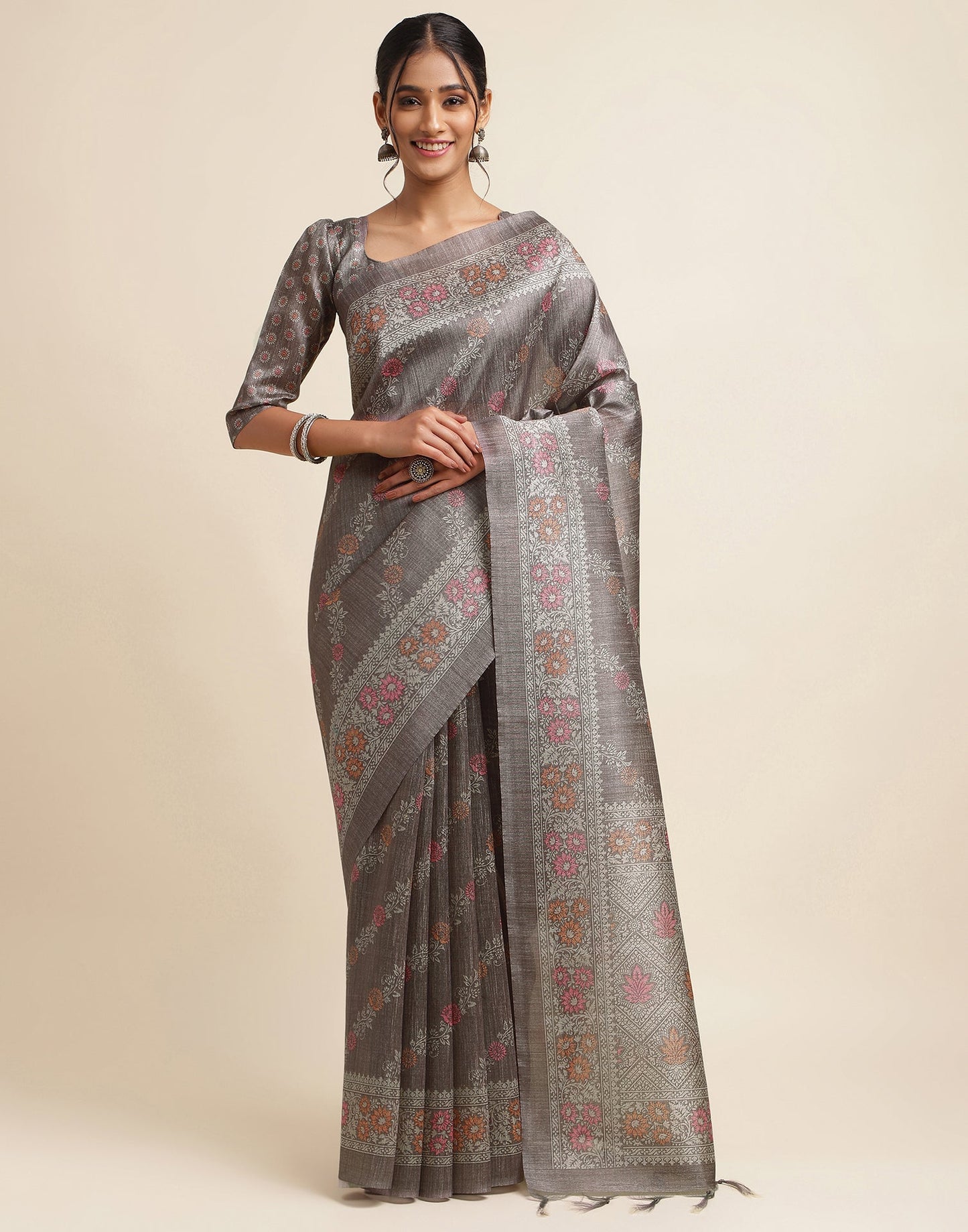 Dark Grey Silk Digital Printed Saree