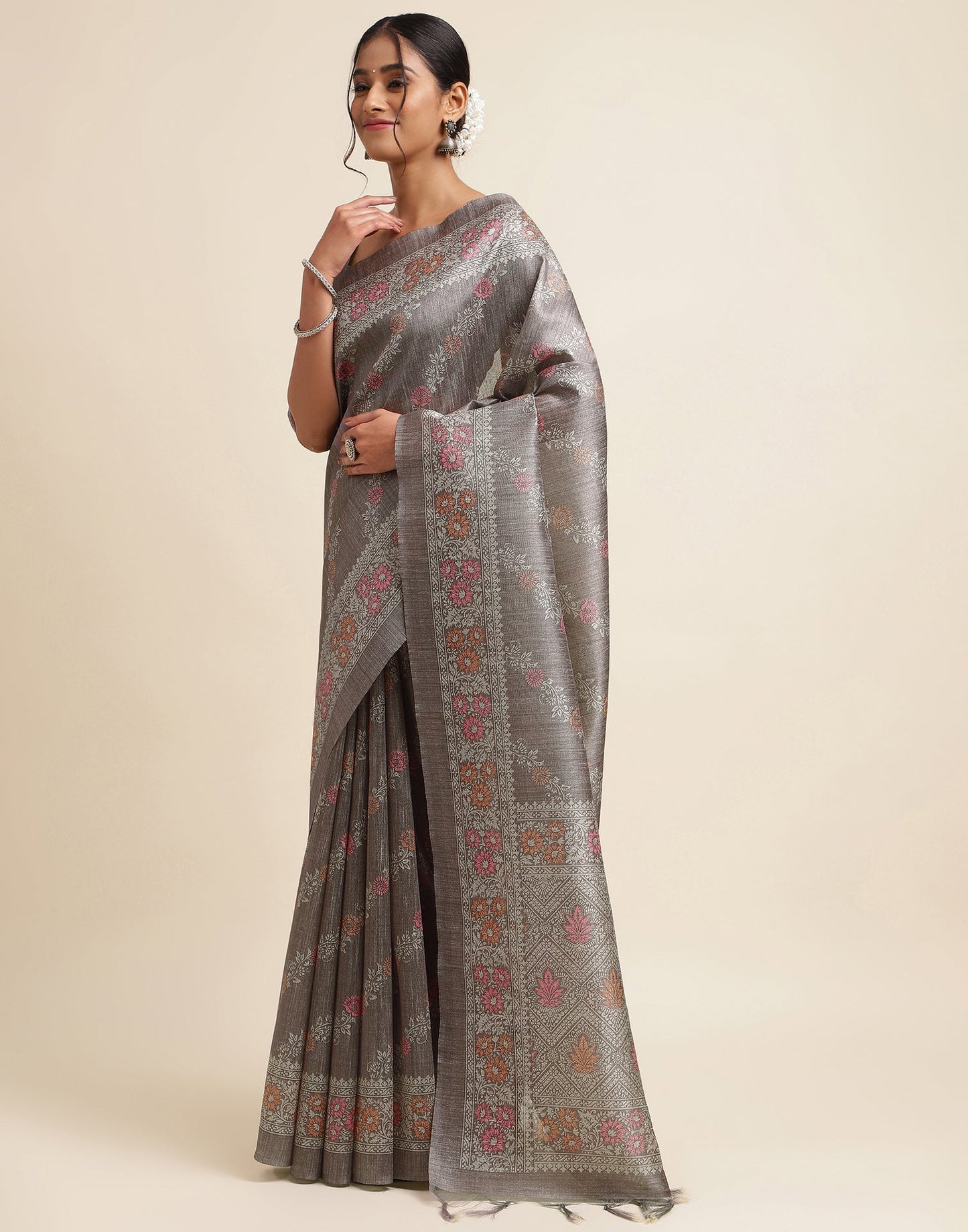 Dark Grey Silk Digital Printed Saree
