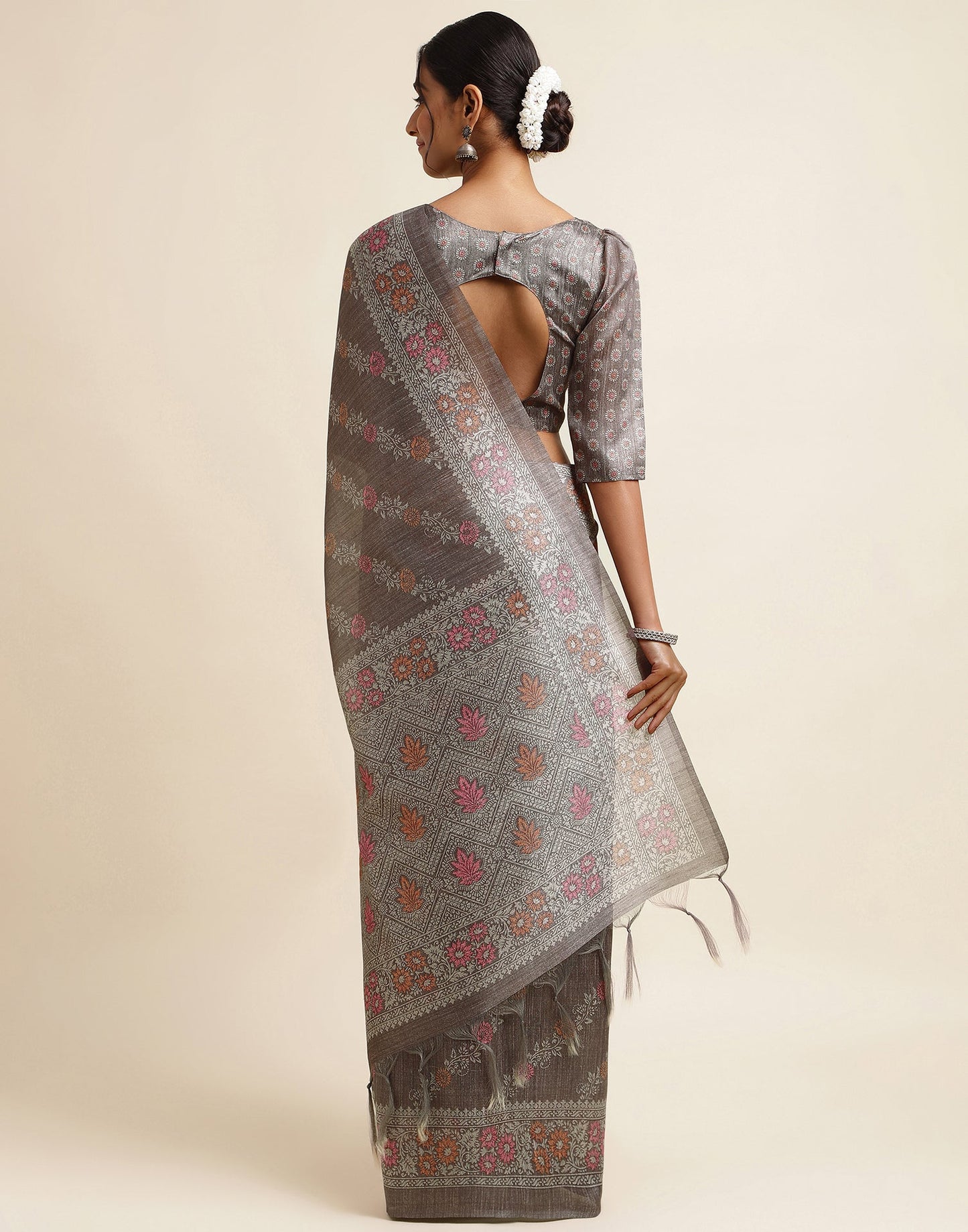 Dark Grey Silk Digital Printed Saree