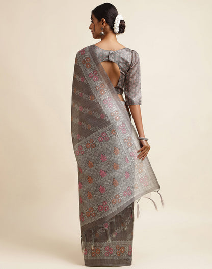 Dark Grey Silk Digital Printed Saree