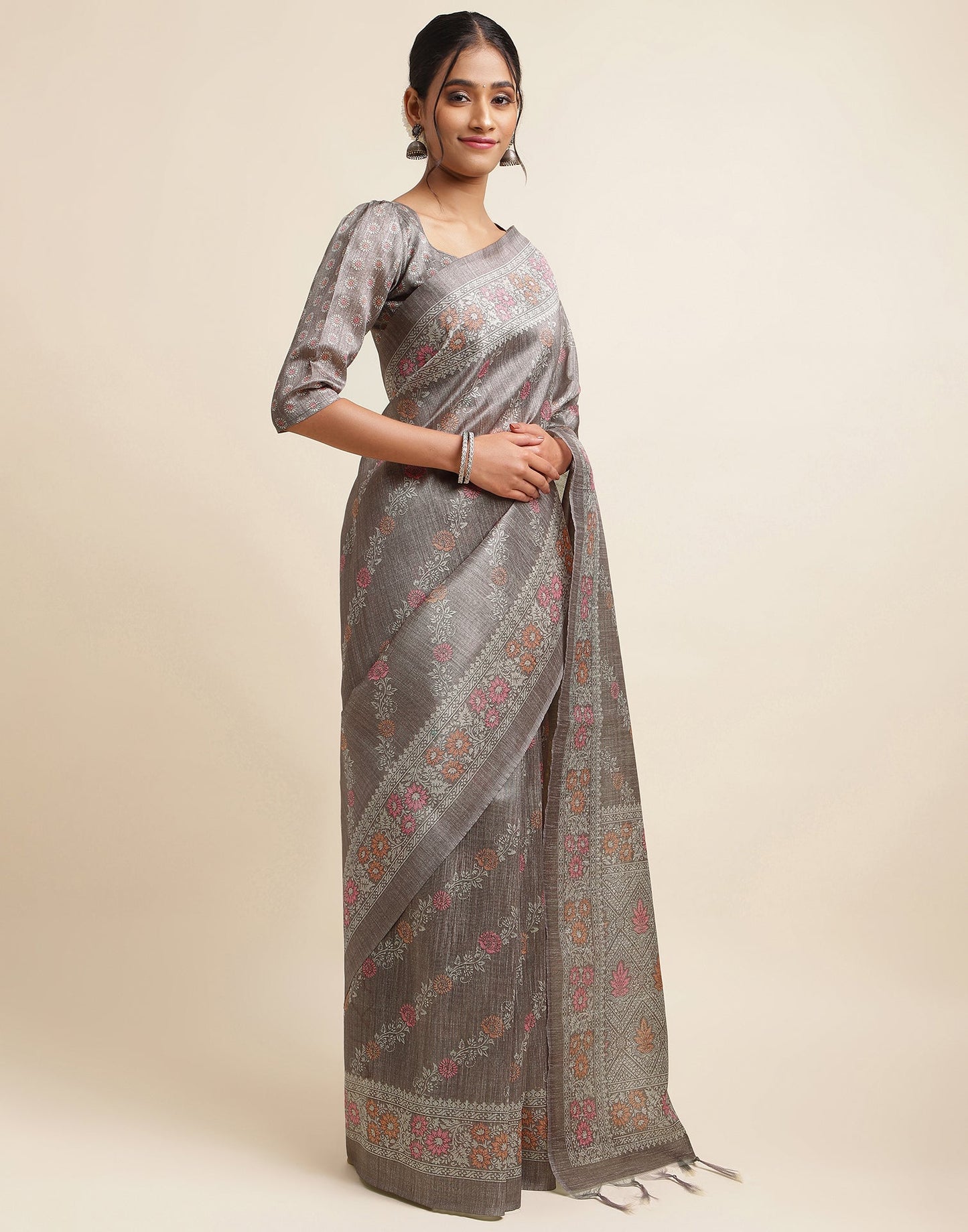Dark Grey Silk Digital Printed Saree