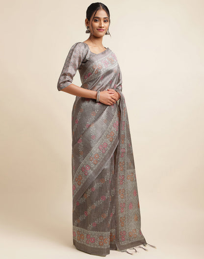 Dark Grey Silk Digital Printed Saree