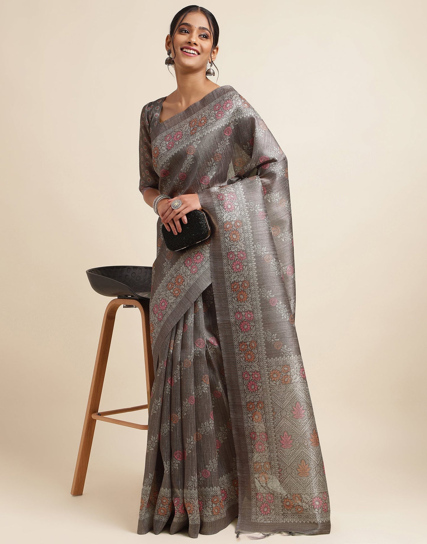 Dark Grey Silk Digital Printed Saree