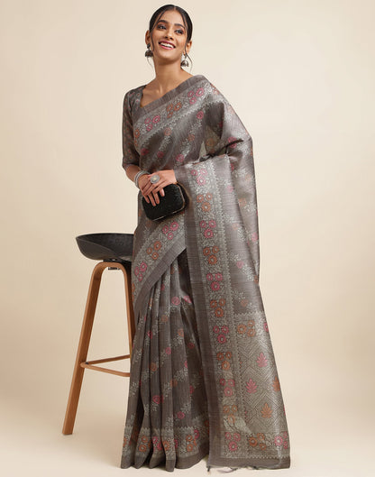 Dark Grey Silk Digital Printed Saree
