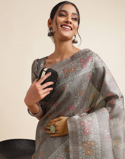 Dark Grey Silk Digital Printed Saree