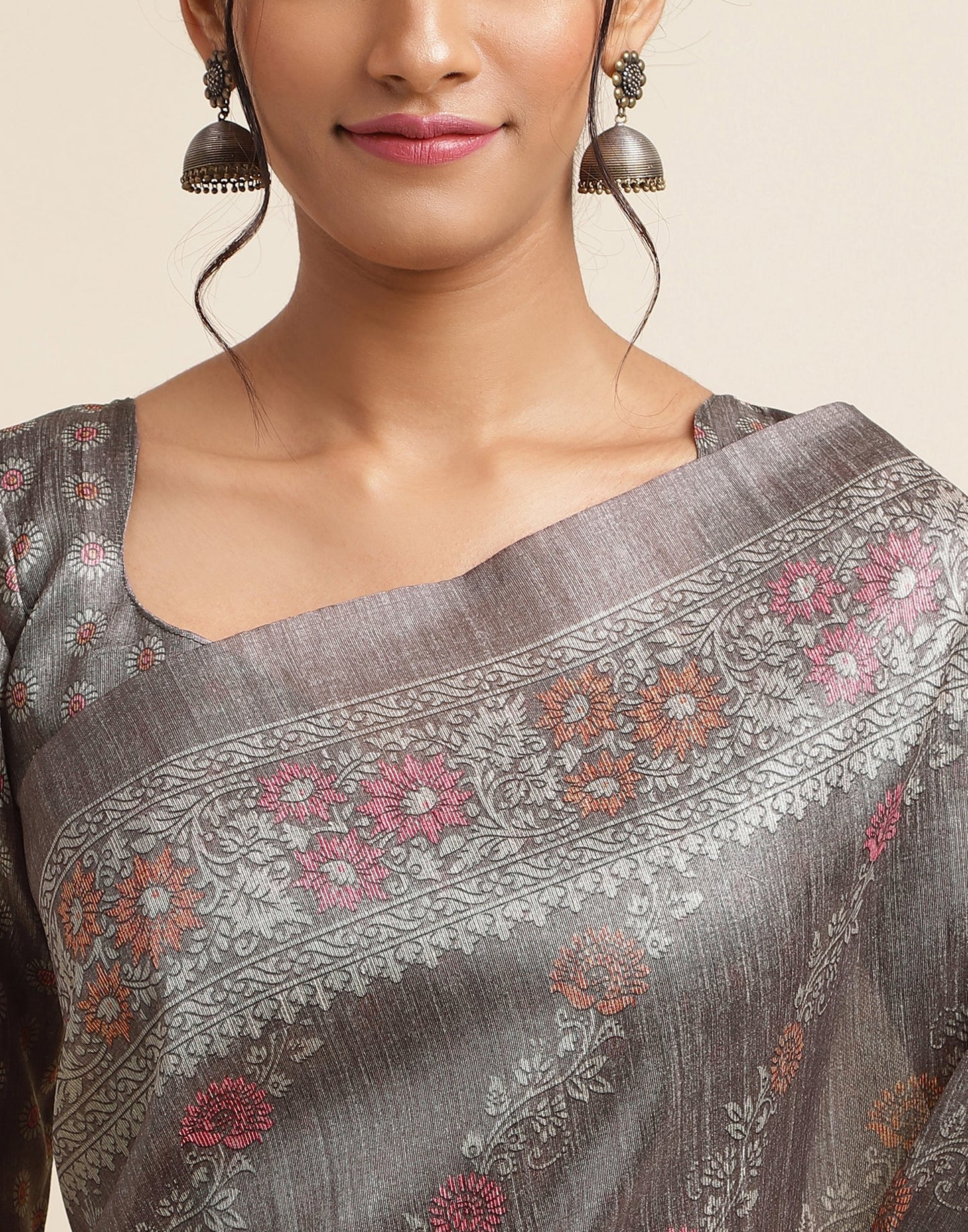 Dark Grey Silk Digital Printed Saree