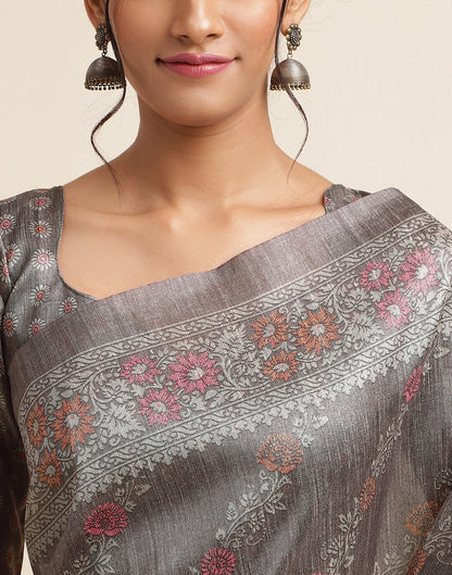 Dark Grey Silk Digital Printed Saree