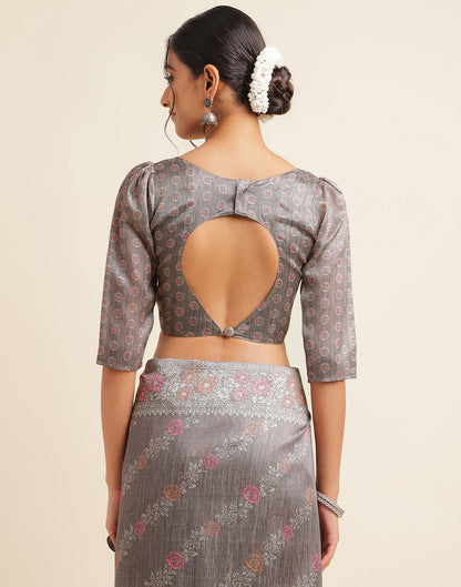 Dark Grey Silk Digital Printed Saree