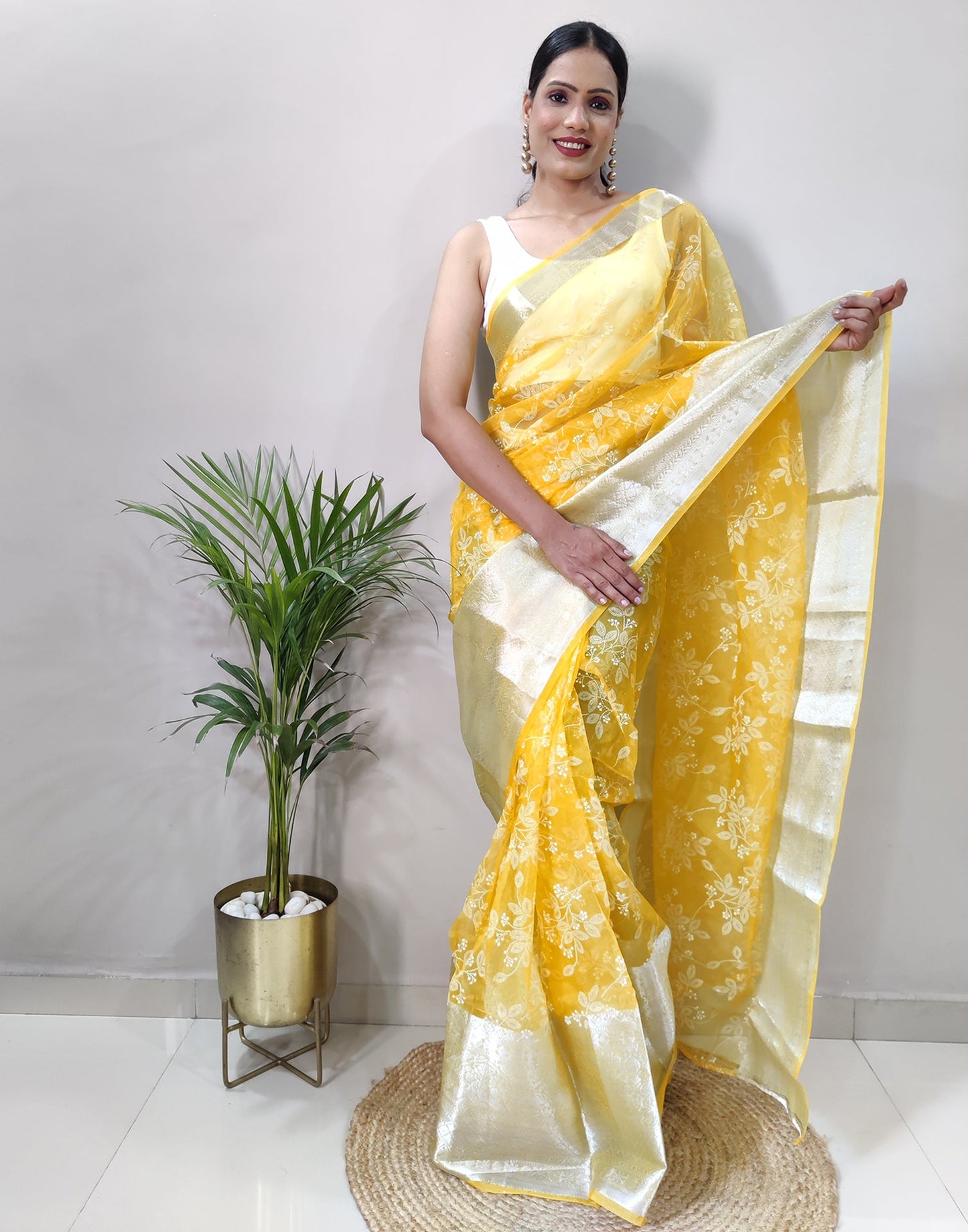 Yellow Organza Weaving Saree