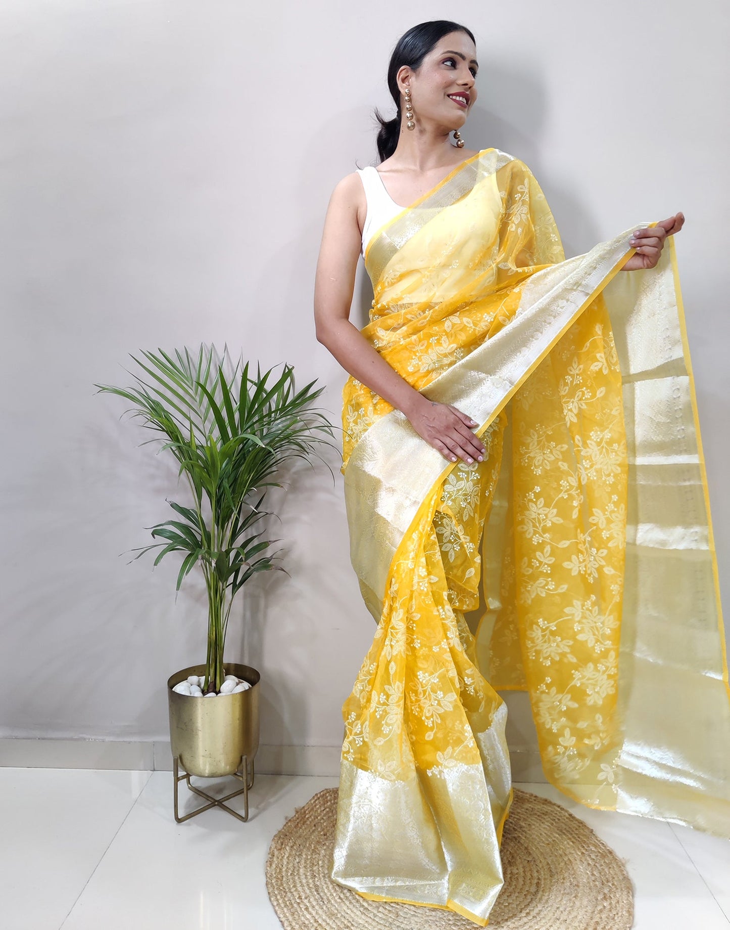 Yellow Organza Weaving Saree