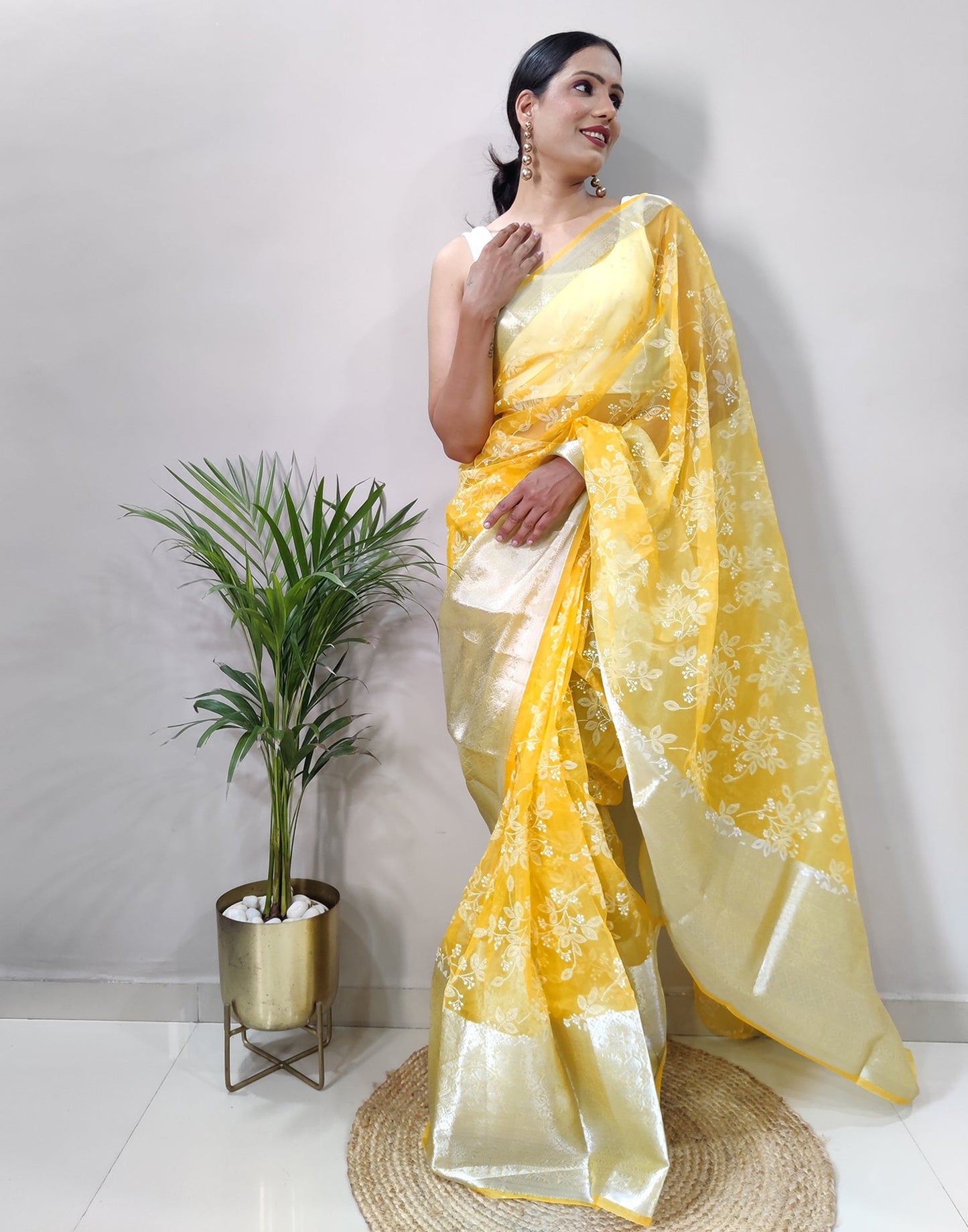 Yellow Organza Weaving Saree