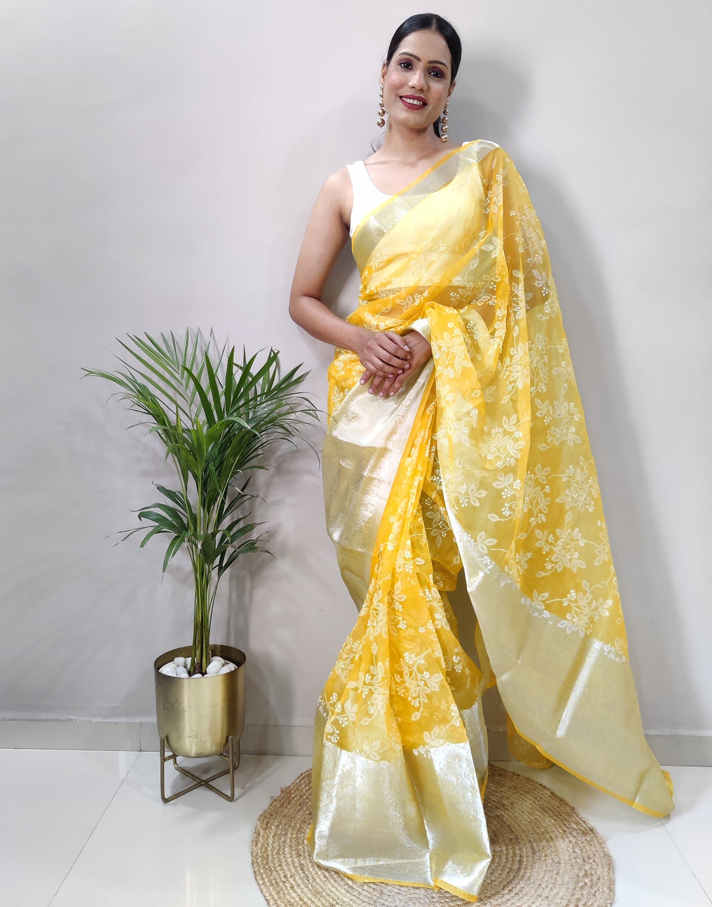 Yellow Organza Weaving Saree