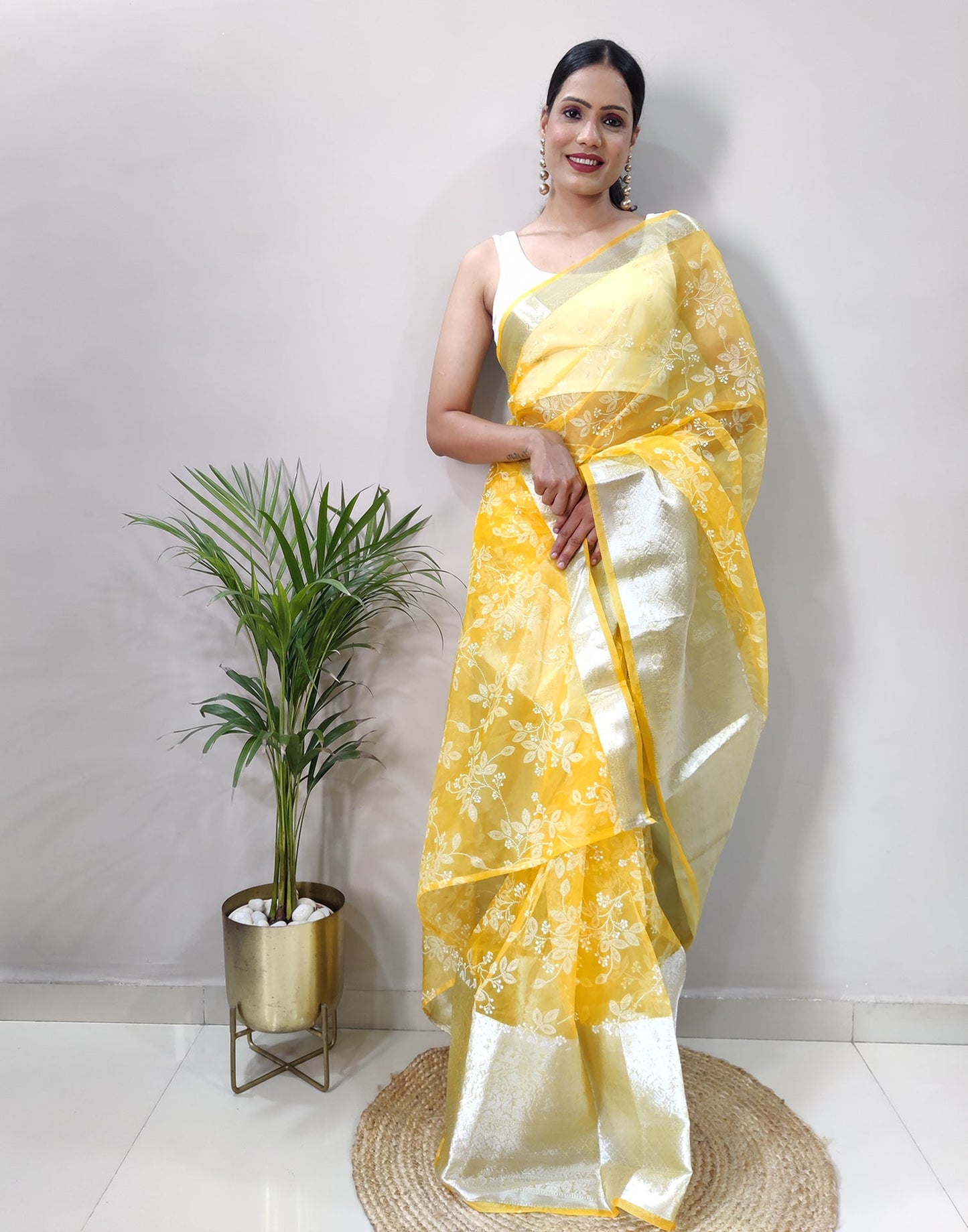 Yellow Organza Weaving Saree