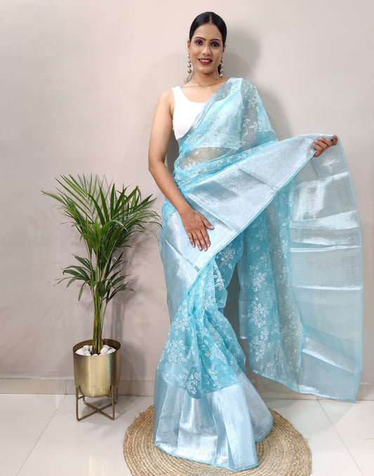Sky Blue Organza Weaving Saree