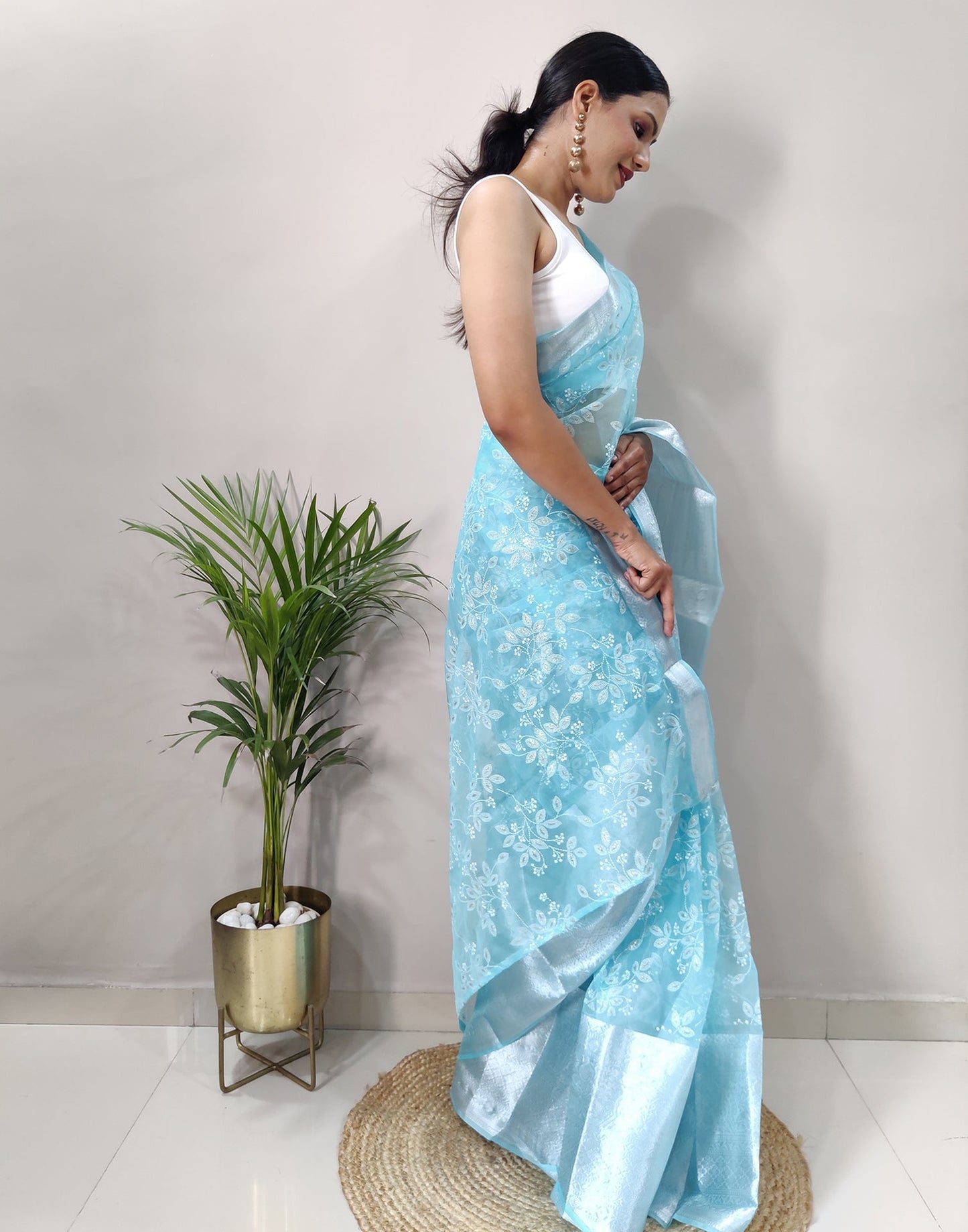Sky Blue Organza Weaving Saree