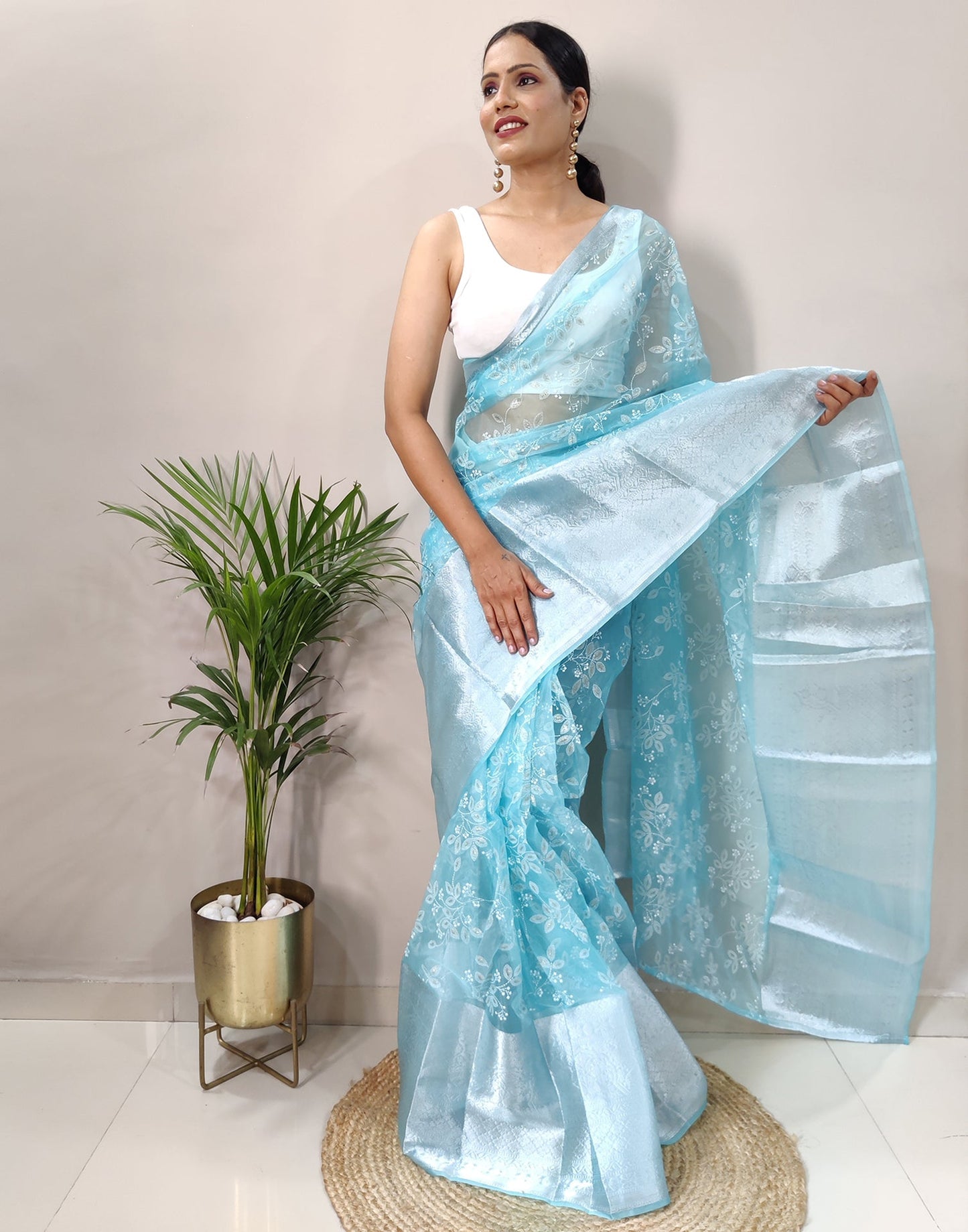 Sky Blue Organza Weaving Saree
