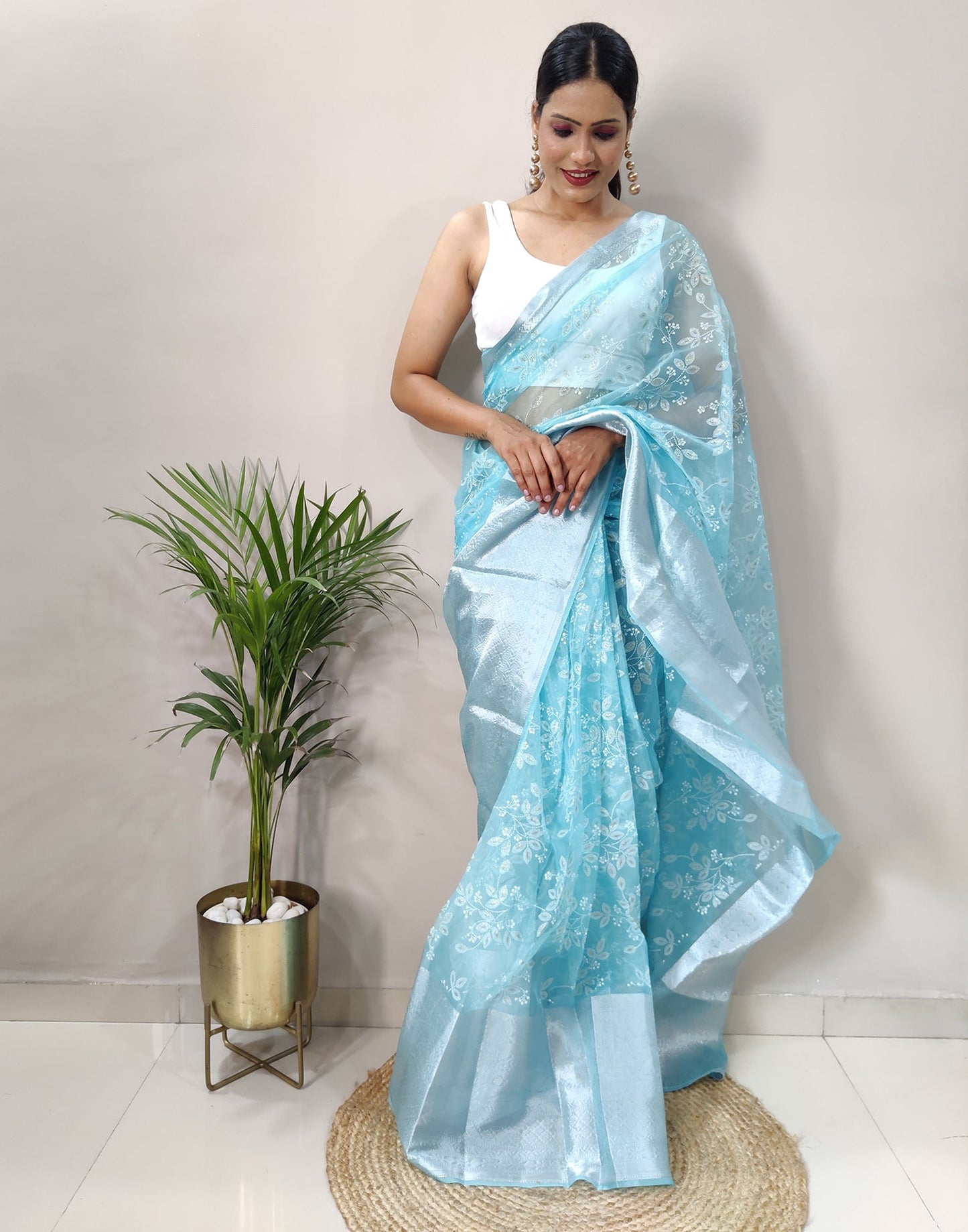 Sky Blue Organza Weaving Saree