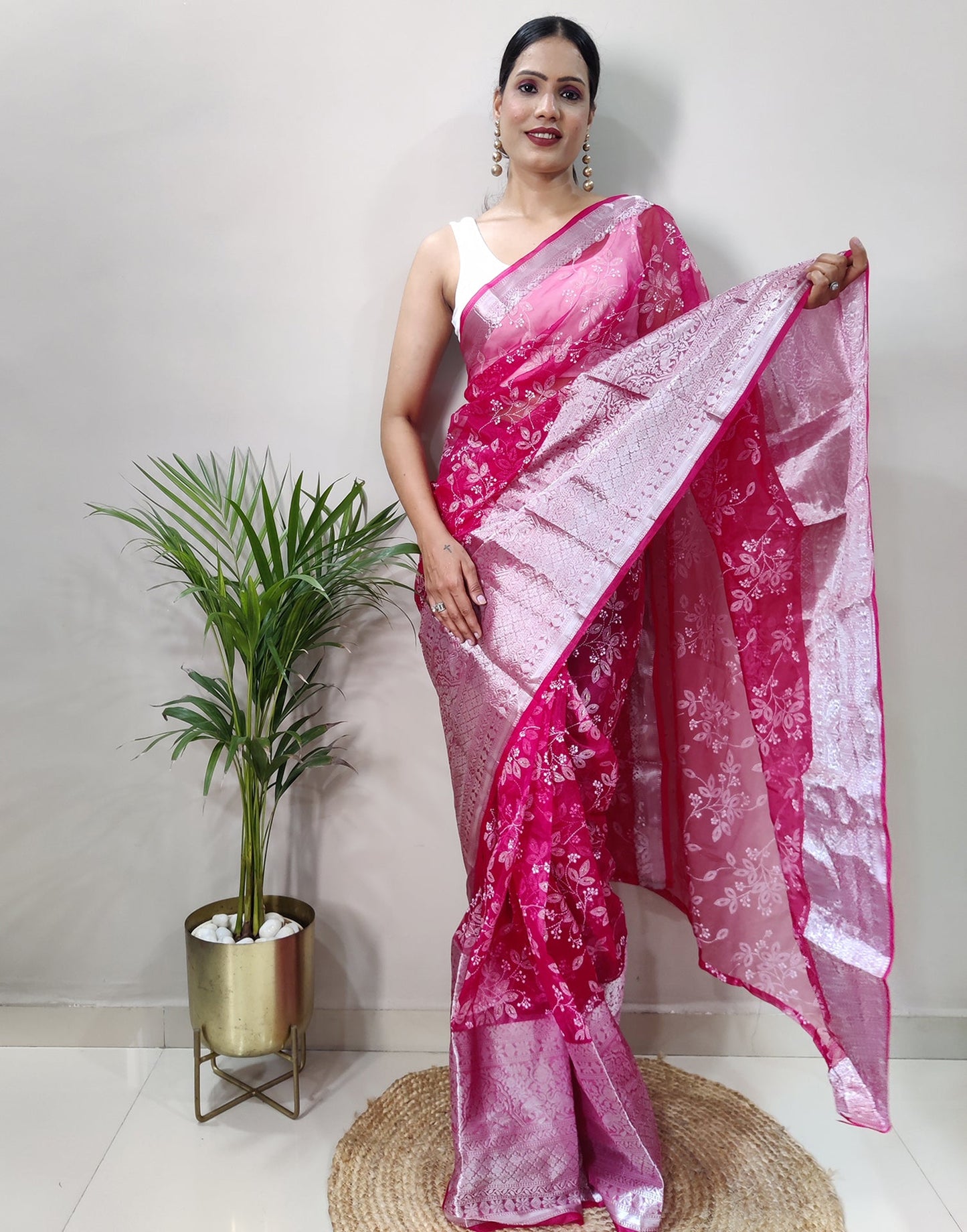 Dark Pink Organza Weaving Saree