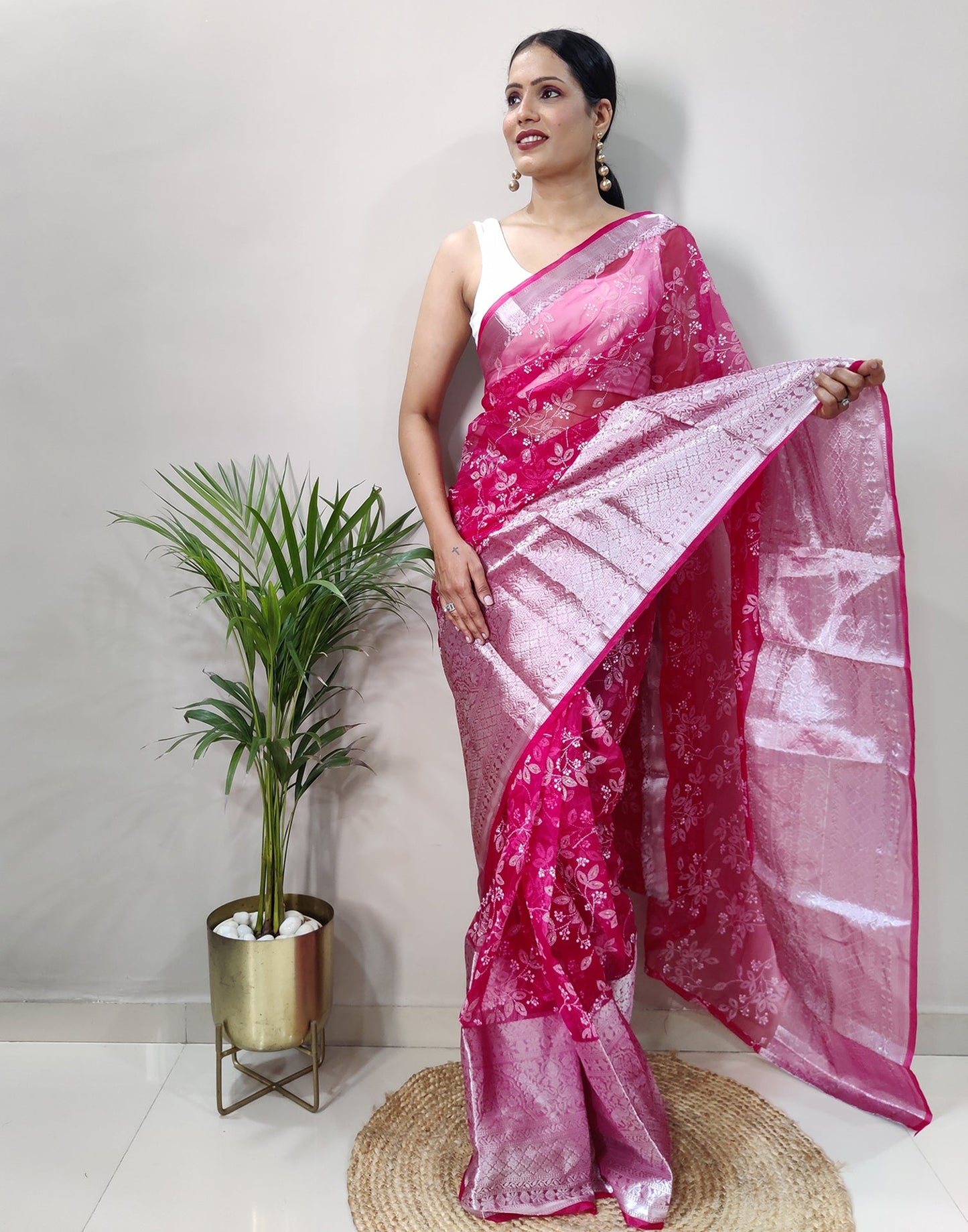 Dark Pink Organza Weaving Saree