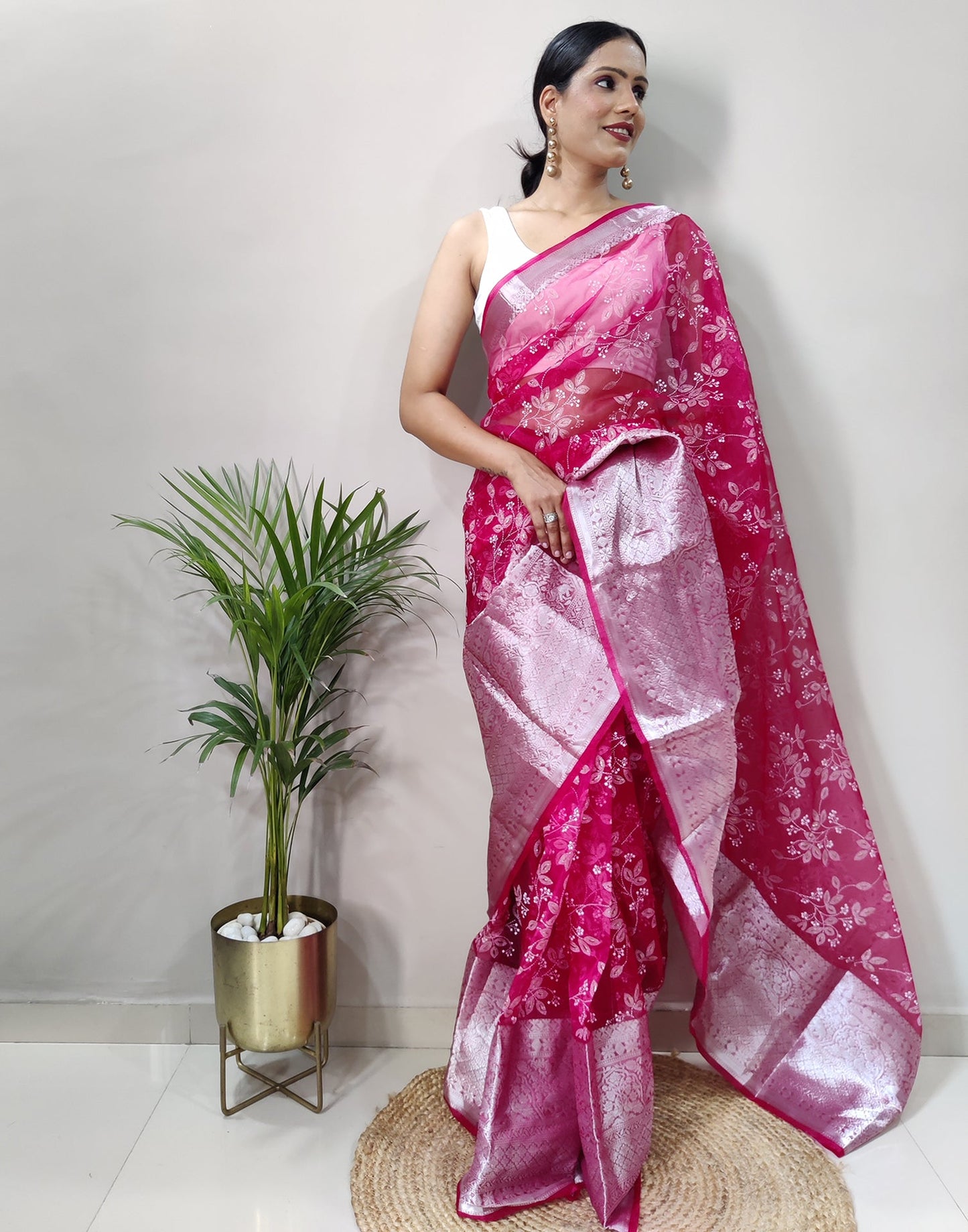Dark Pink Organza Weaving Saree