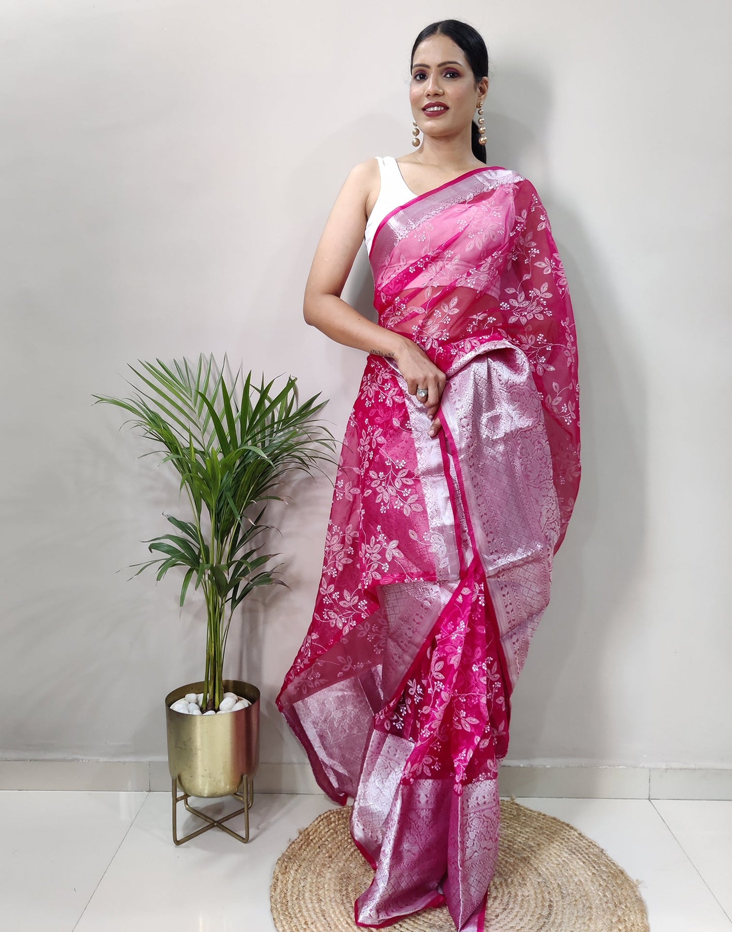 Dark Pink Organza Weaving Saree