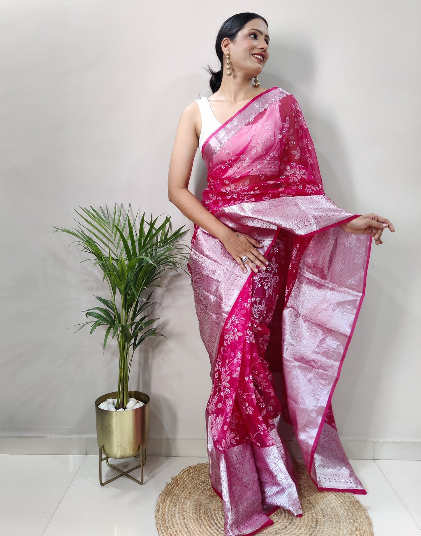 Dark Pink Organza Weaving Saree