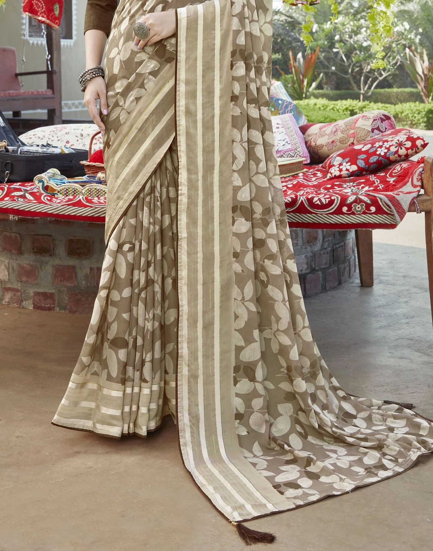 Light Brown Tassel Printed Chiffon Saree | Leemboodi
