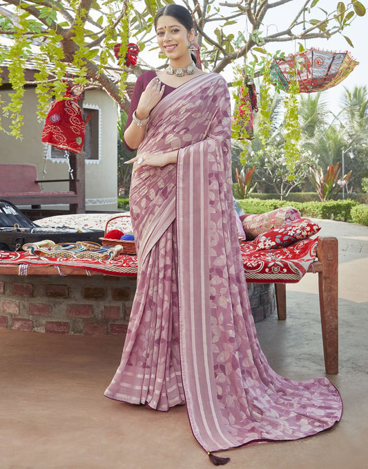 Light Pink Chiffon Printed Saree