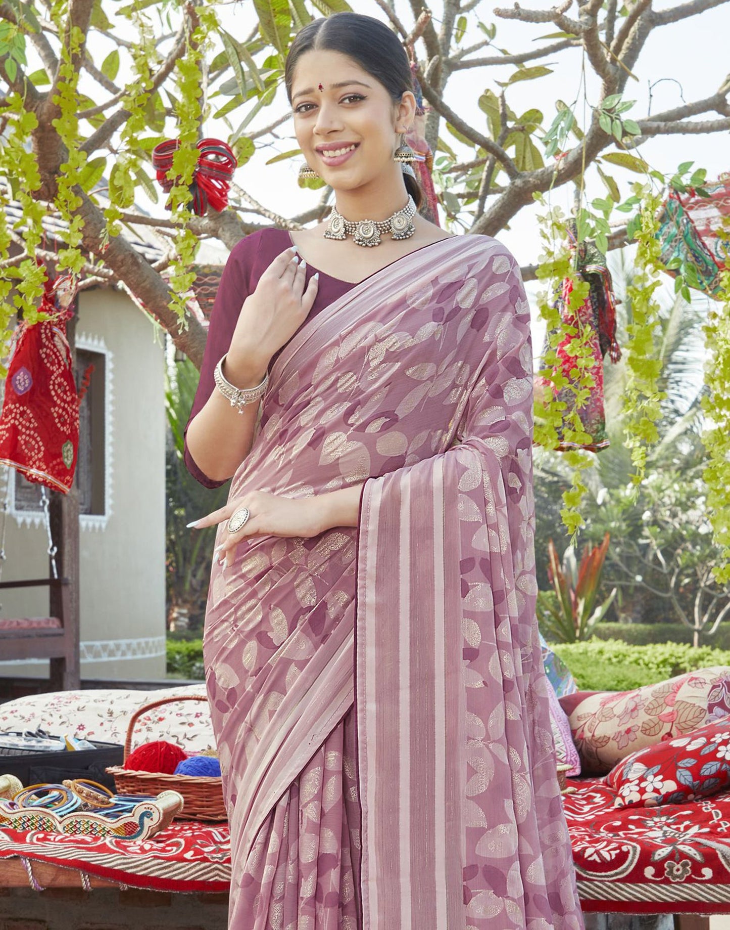 Light Pink Chiffon Printed Saree