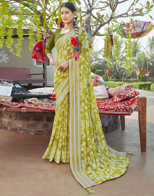 Light Yellow Chiffon Printed Saree