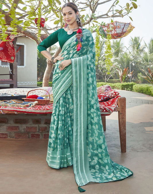 Turquoise Tassel Printed Chiffon Saree | Leemboodi
