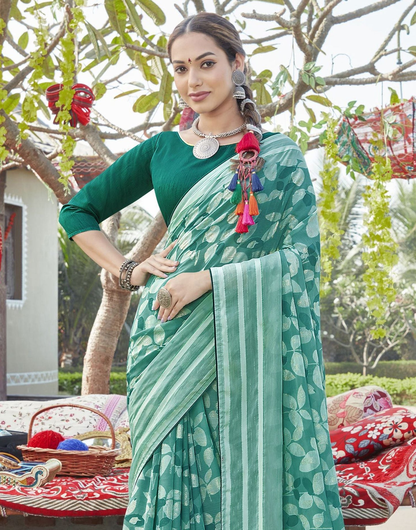 Turquoise Tassel Printed Chiffon Saree | Leemboodi
