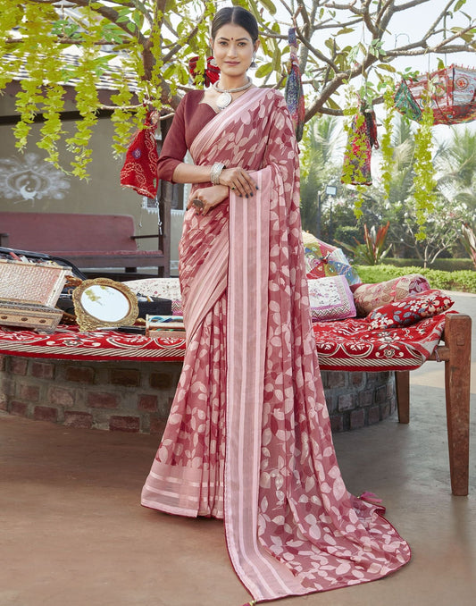 Light Red Tassel Printed Chiffon Saree | Sudathi
