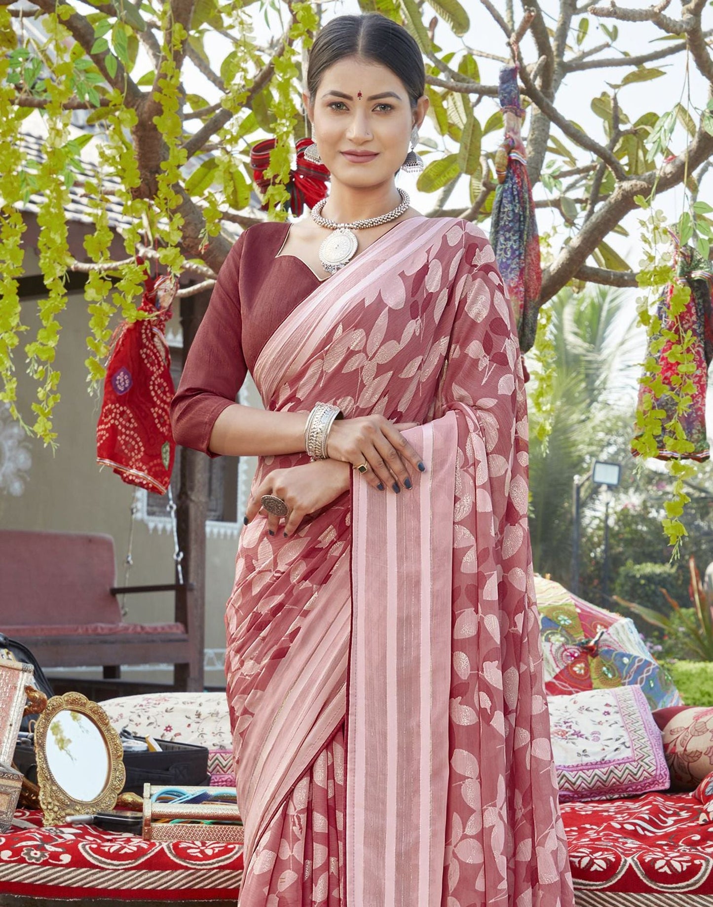 Light Red Tassel Printed Chiffon Saree | Sudathi