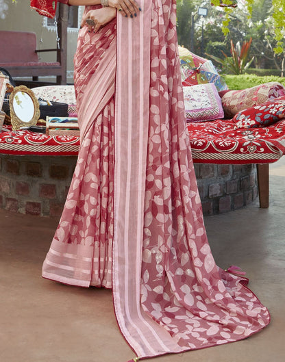 Light Red Tassel Printed Chiffon Saree | Sudathi