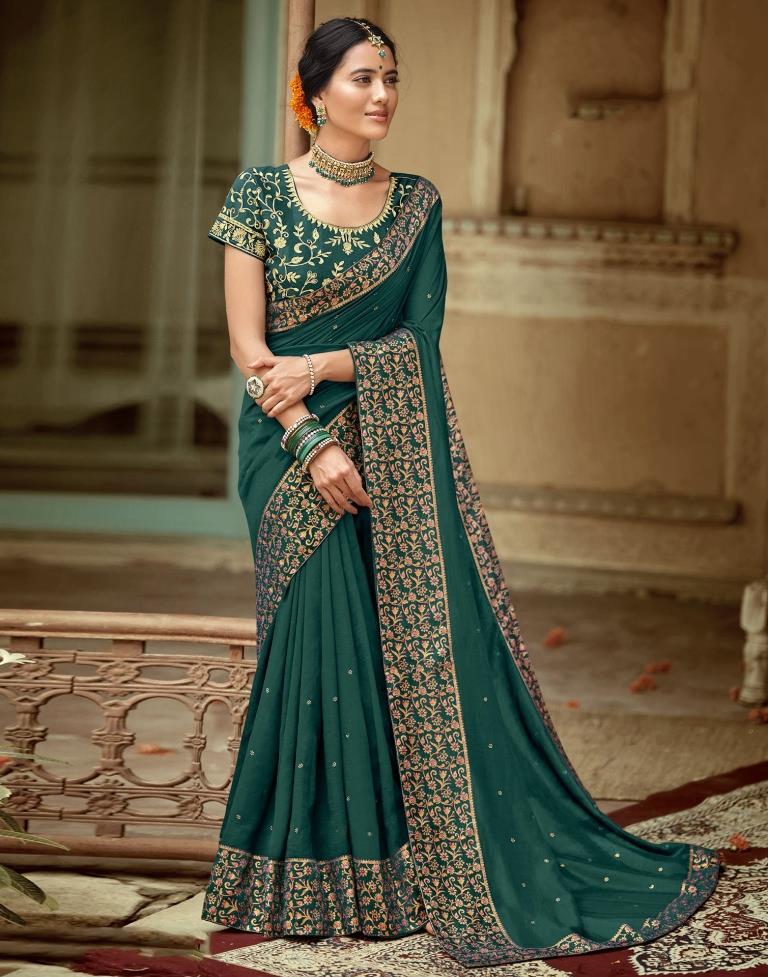 Dark Green Plain Silk Saree
