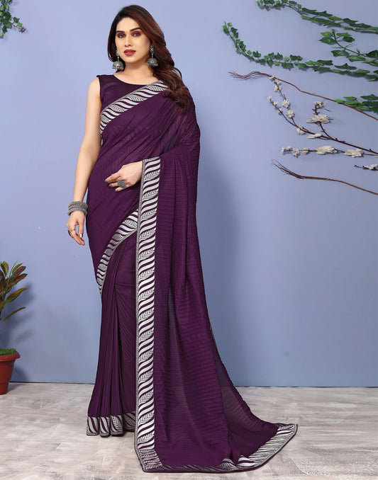 Wine Lycra Plain Saree