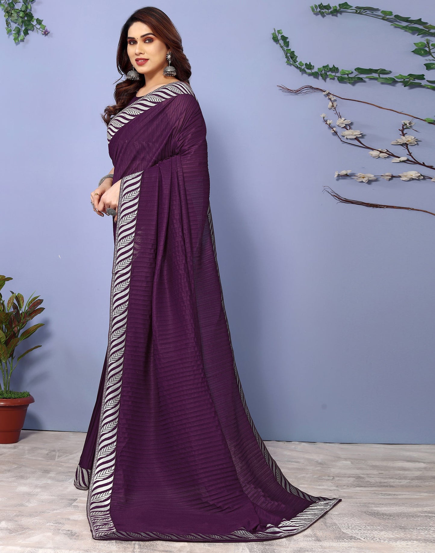 Wine Lycra Plain Saree